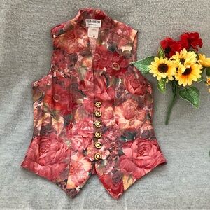 Shimmering Red & Orange Floral Sleeveless Vest with Gold & Pearl Buttons